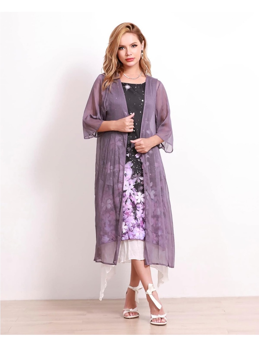 Sheer Lavender Floral Maxi Kimono Dress - Women Dresses Maxi